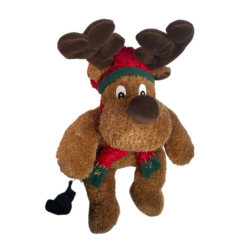 Christmas Reindeer Plush Stuffed Animal Red Green Knit Hat‎ Scarf Holiday Decor